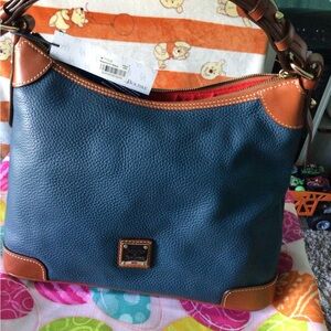 Dooney & Bourke Blue and Tan Pebbled Leather Shoulder Bag
